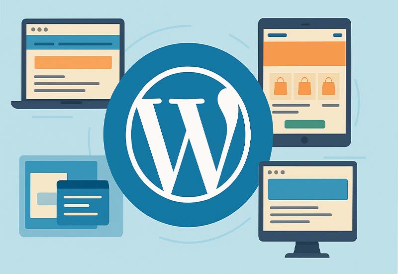 Webová stránku navrhnutá v systéme WordPress s rôznymi témami, ako blog, e-shop a firemná stránka. Zobrazuje flexibilitu WordPressu a jeho schopnosť rýchlo sa prispôsobiť rôznym typom webov.