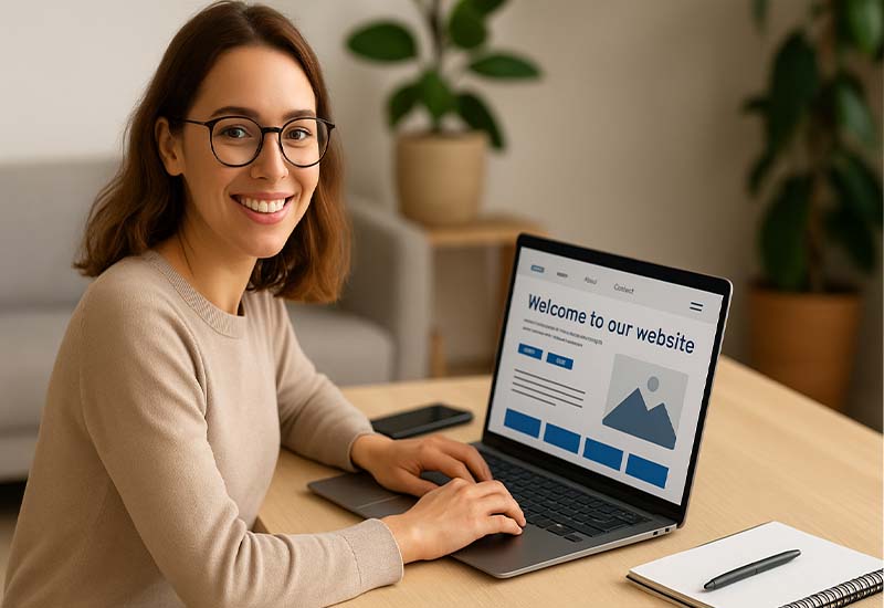 Freelancerka pracuje na firemnom webe podľa WordPress návodu v modernom coworking priestore.