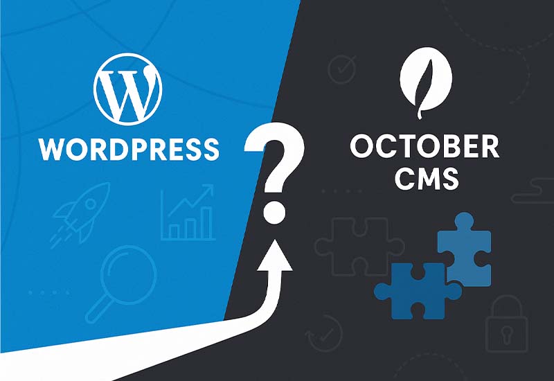 Ilustrácia porovnávajúca redakčné systémy October CMS vs WordPress – moderný dizajn, ikony webových technológií a vizuálne rozdelenie výhod oboch platforiem